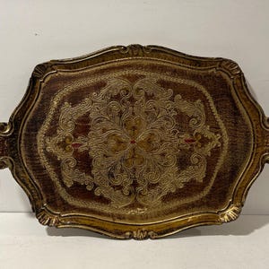 Large Vintage Italian Gold and Maroon Florentine Tray  Made in Italy