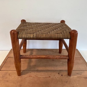 Vintage Primitive, Rustic Wooden Shaker Foot Stool/Plant Stand, Woven Cane Seat | Rustic | Farmhouse | Primitive | Cottagecore