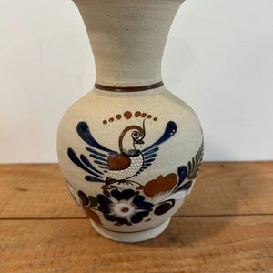 Tonala Stoneware Pottery Vase Mexico | Bird and Flowers Design