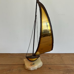 Vintage 1970&#39;s DeMott Sailboat on Onyx Stone Base | Brass, Copper, Steel, Artist Signed