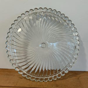 Vintage Glass Footed Cake | Torte or Pastry Tray | Round Serving Plate | Swirl/Sunburst Pattern | Scalloped Edge | Tidbit Platter | 1960&#39;s