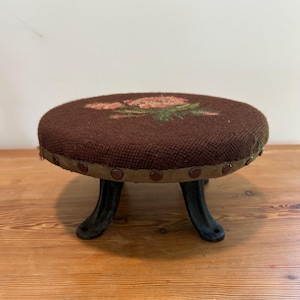 Vintage Floral Needlepoint Footstool with Unique Cast Iron Base | Foot Rest