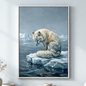 May include: A framed painting depicts a white arctic fox sitting on an iceberg in a cold, blue-toned environment. The fox is the focal point, with its fur detailed in shades of cream and light brown. The background shows water and ice formations.