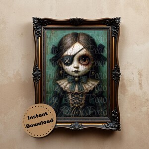 May include: A framed digital print of a gothic doll with an eye patch. The doll has dark hair, a pale complexion, and is dressed in a dark green dress with a lace collar. The frame is ornate with a gold and black finish. A circular "Instant Download" sticker is in the lower left.