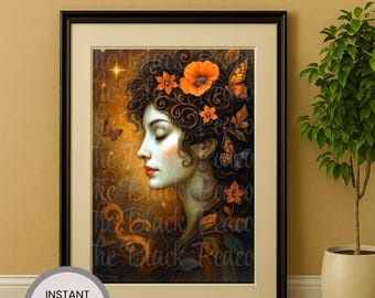 Art Nouveau Portrait – Digital Art Print – Art Nouveau Illustration – Romantic Flowers & Butterflies
