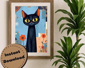 Black Cat Poster with Flowers – Whimsical Wall Art Download