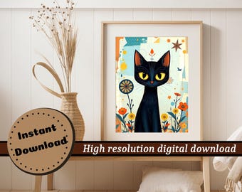 Black Cat – Digital Art Poster in Folk Art Style | Print Files A2 to A5 | Vintage Inspired Wall Decor