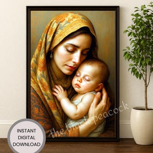 Könnte beinhalten: Gerahmter Digitaldruck einer Mutter und eines Kindes. Die Mutter trägt eine gelb-orange gemusterte Kopfbedeckung und hält das schlafende Baby. Der Druck ist in einem schwarzen Rahmen und enthält den Text "Instant Digital Download".