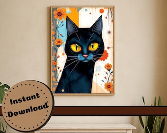 Stampa di gatto stravagante – Gatto nero con fiori – Stampa artistica digitale con download istantaneo A2–A5