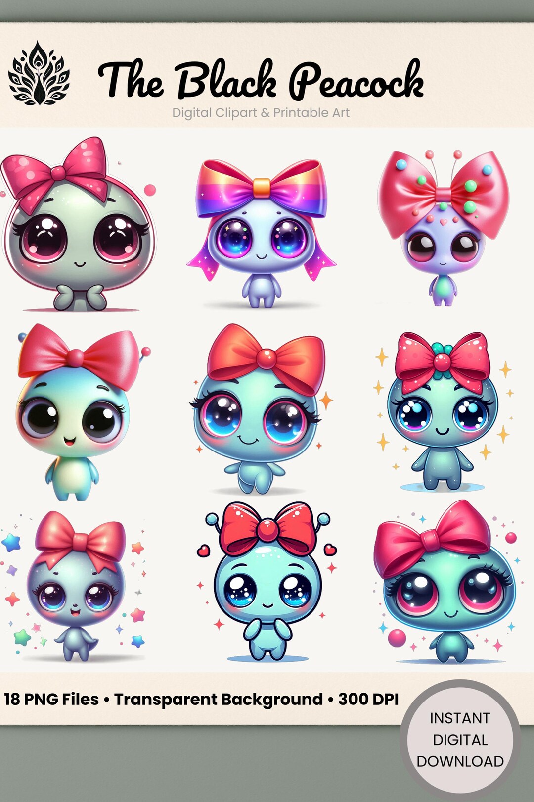 Cute Alien Clipart Set PNG – 18 Adorable Aliens With Bows – Transparent ...