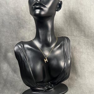 Könnte beinhalten: Eine goldene Kettenkette mit einem kleinen Anhänger, der einen stilisierten Buchstaben 'X' mit klaren und blauen Edelsteinen zeigt. Die Kette wird auf einer schwarzen Mannequin-Büste präsentiert.