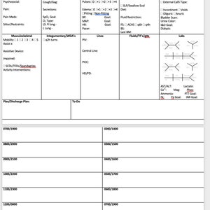 May include: A medical chart with a grid layout, used for tracking patient information. The chart includes sections for patient demographics, medical history, vital signs, medications, and procedures. The chart is filled with handwritten notes and checkmarks.