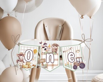 Farm Animals ONE High Chair Banner 3D First Birthday Highchair Garland | Rustic modern Barnyard Party Decoration 1st Smash Cake baby neutral