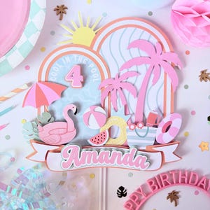 May include: A pink and white birthday cake topper with a beach theme. The topper features a flamingo, palm trees, and the name "Amanda". The text "Cool in the Pool" and "Happy Birthday" are also visible. Decorative elements include a beach ball, watermelon slice, and a sun.