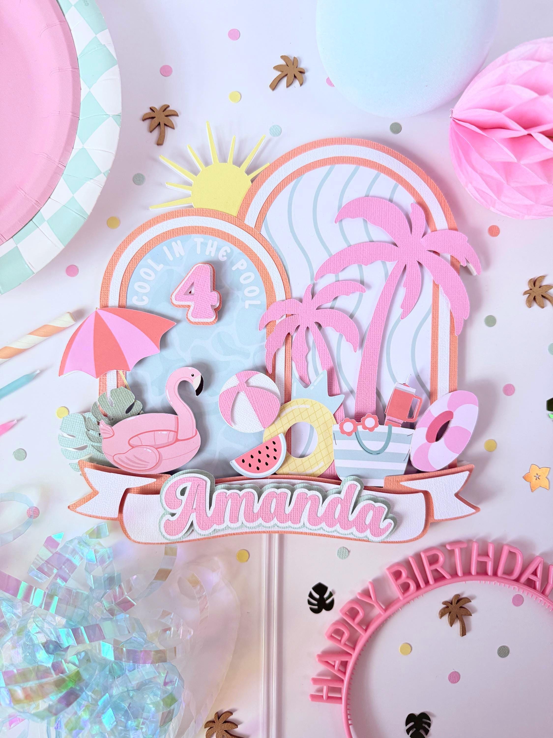 Pool Party Cake Topper: Tropical Flamingo, Pastel Pink Summer Birthday