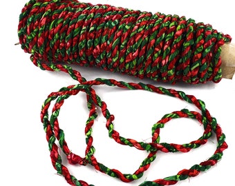 Hand twisted Fabric Twine, Fabric Rope, Upcycled Fabric, Red and Green  Made from Batik Fabric- sold by the yard (3 feet)