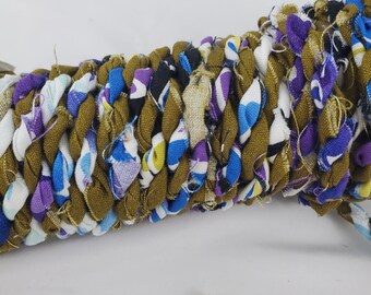Hand twisted Fabric Twine, Fabric Rope, Upcycled Fabric, Purple, Brownish Gold & White - sold by the yard (3 feet)