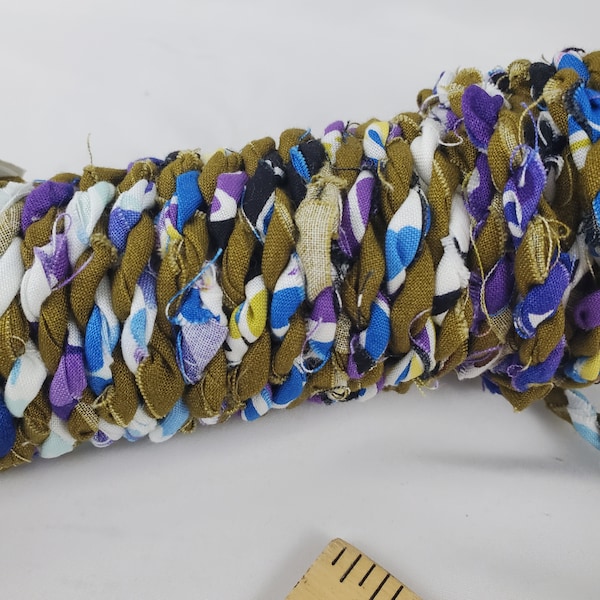 Hand twisted Fabric Twine, Fabric Rope, Upcycled Fabric, Purple, Brownish Gold & White - sold by the yard (3 feet)