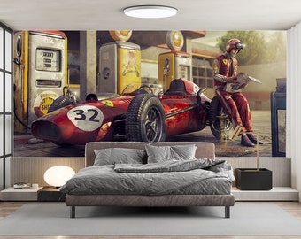 Papier Peint Panoramique F1 Ferrari, Papier Peint Vintage F1, Pré-encollé, décor mural garage voiture vintage - wallpaper garage