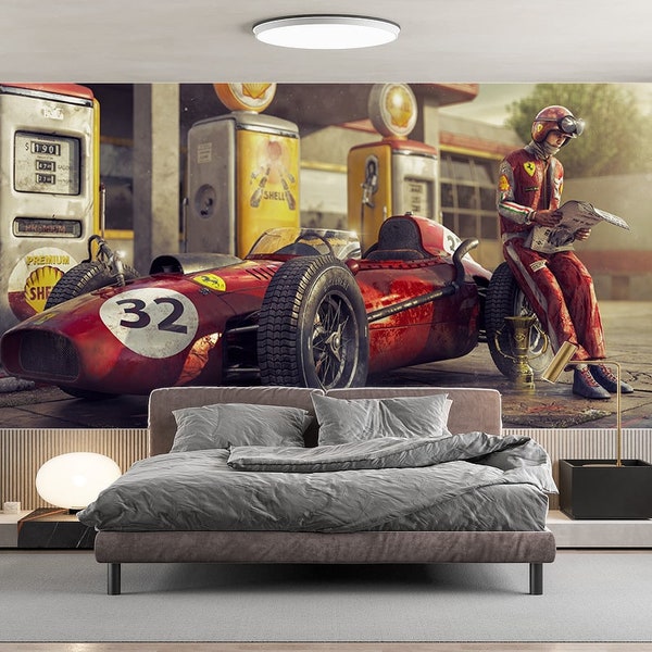 Ferrari F1 Panoramic Wallpaper, Vintage F1 Wallpaper, Prepasted, vintage car garage wall decor - wallpaper garage