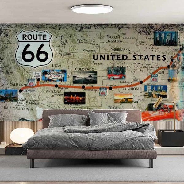 Papier Peint Panoramique Vintage, Papier Peint Route 66 USA, Pré-encollé, décor mural garage moto vintage