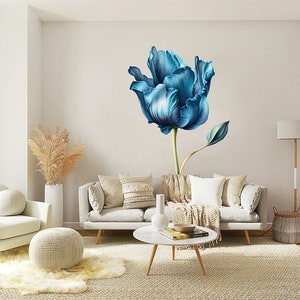 Pegatina de pared de flores grandes Pegatinas de pared, adhesivo floral pegatinas de puerta Tulipán azul acuarela Pegatinas de dormitorio, imagen 1