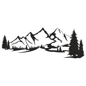 May include: Black and white mountain range silhouette with detailed peaks and a line of trees at the base. Several evergreen trees are on the left and right sides of the image. The design is suitable for outdoor-themed products.