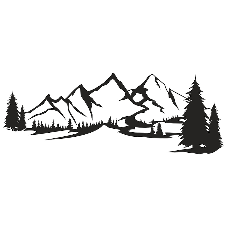 May include: Black and white mountain range silhouette with detailed peaks and a line of trees at the base. Several evergreen trees are on the left and right sides of the image. The design is suitable for outdoor-themed products.