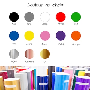 May include: Image showing a color chart with options including black, gray, white, red, green, blue, yellow, pink, purple, orange, silver, rose gold, and gold. The text "Couleur au choix" is at the top. Rolls of colored vinyl are visible at the bottom.
