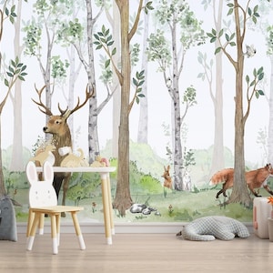 Carta da parati panoramica per bambini, carta da parati con animali della foresta, preincollata, decorazione murale per bambini