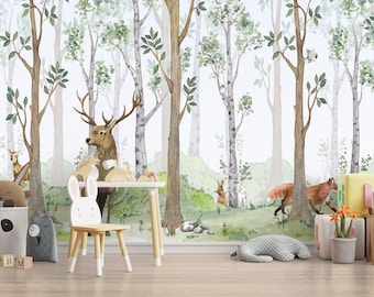 Papier Peint Panoramique Enfant, Papier Peint Forêt Animaux, Pré-encollé, décor mural enfant