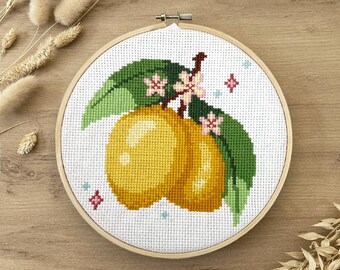 Patrón de punto de cruz de limón con flores – Diseño de bordado de fruta fresca para principiantes y bordadores avanzados – Descarga instantánea