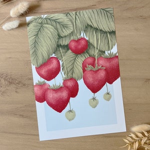 A4 Erdbeer Illustration - Botanischer Kunst Druck - Handgemalte Erdbeeren Wanddekoration für Küche und Esszimmer
