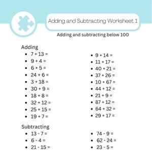 Puede incluir: Una hoja de trabajo en blanco y negro con el título "Adding and Subtracting Worksheet 1" y el subtítulo "Adding and subtracting below 100". La hoja de trabajo incluye una lista de problemas de suma y resta para que los estudiantes los resuelvan.