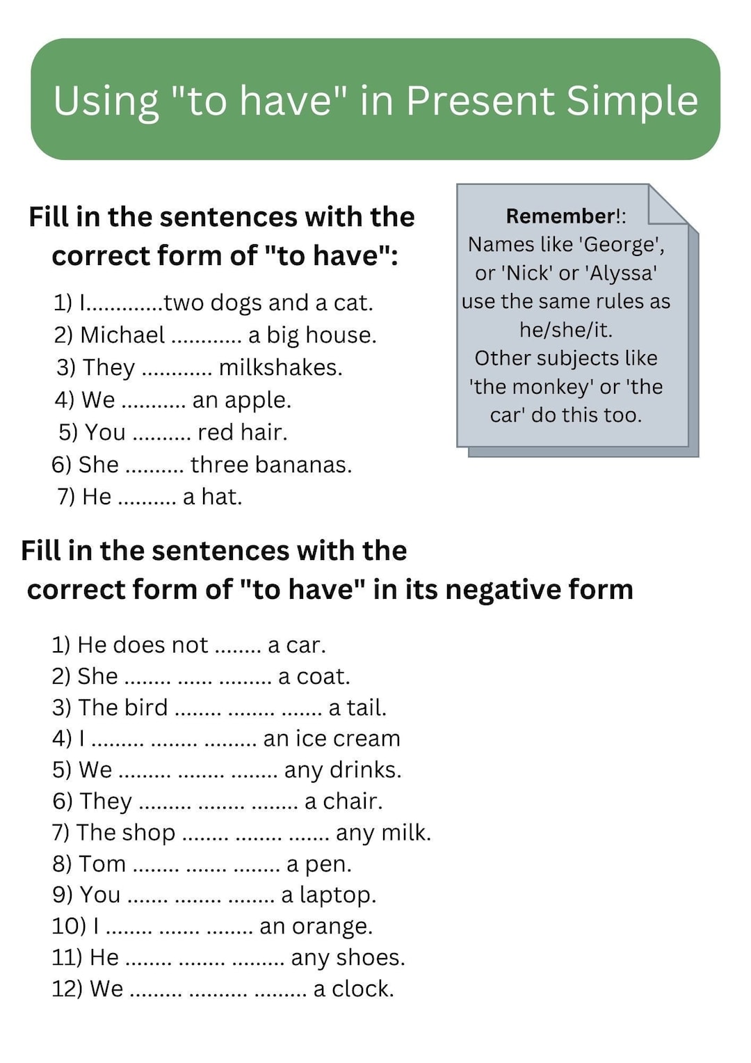 Using to Have in Present Simple ESL Worksheet - Etsy