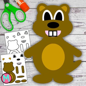 May include: Printable craft template for making a brown and yellow cartoon squirrel. The template includes the squirrel's body, head, ears, nose, teeth, and eyes. The template is printed on white paper.