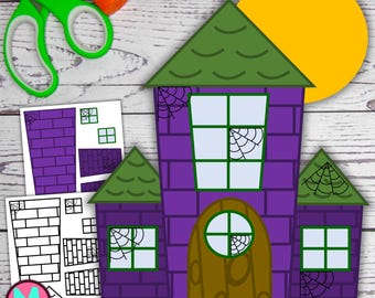 Halloween Haunted House Craft Template: Cut And Glue Paper Craft For Kids(PDF)