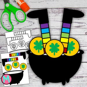 May include: A printable craft activity for kids featuring a black cauldron with rainbow-striped legs, gold coins with shamrock designs, and a printable letter M.