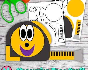 May include: A printable craft template for making a measuring tape. The template includes a yellow circle with a smiling face, a black and yellow measuring tape, and a ruler. The text "Measuring Tape Craft" is printed below the image.