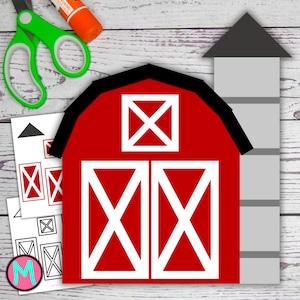 Puede incluir: Un granero rojo con un techo negro y puertas y ventanas en forma de X blancas. Un silo gris con un techo negro está a la derecha del granero. El granero y el silo están sobre un fondo de madera blanca.