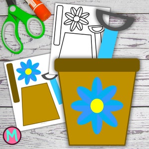 May include: Printable craft template for a flower pot with a blue flower, brown pot, and a blue shovel. The template is ready to be cut out and assembled.