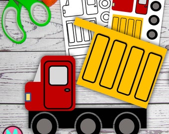 May include: A printable craft activity for kids featuring a red and yellow dump truck. The printable includes a template for the truck, wheels, and a separate template for the truck bed.