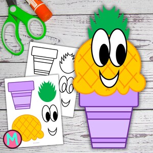 Könnte beinhalten: Ein lächelndes Ananas-förmiges Bastelobjekt mit einem grünen, blattartigen Oberteil und einem lila Topf. Das Bastelobjekt besteht aus Papier und ist von Bastelmaterialien umgeben, darunter Schere und Klebstoff. Das Bastelobjekt soll eine unterhaltsame Aktivität sein.