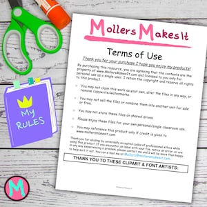 May include: A pink and white printable sign with the text "Mollers Makes It" and "Terms of Use". The sign lists terms of use for a digital product, including copyright and usage restrictions.
