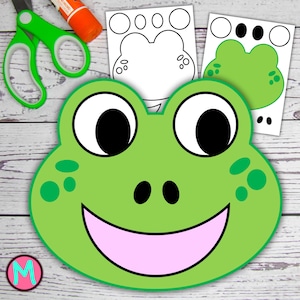 Puede incluir: Plantilla de máscara de rana verde para manualidades con ojos negros, boca rosa y manchas verdes. La plantilla está lista para recortar y decorar.