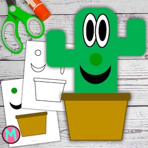 May include: A green cactus with a smiling face, black eyes, and a green nose. The cactus is in a brown pot. There are printable templates for making a similar cactus craft.