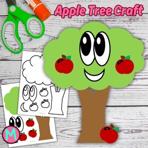 May include: A printable craft template for making an apple tree. The template includes a green tree with a brown trunk, two large eyes, a smiling mouth, and red apples. The template also includes separate pieces for the eyes, apples, and a cloud.