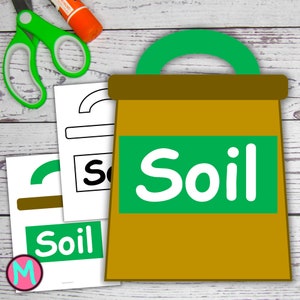 May include: A brown paper bag with a green handle and a green label that says "Soil" in white letters. There are also some printable templates for a soil activity.