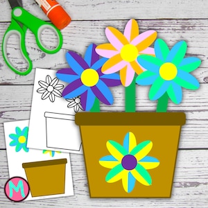 Flowers In A Pot Craft Template for kids, cut and glue craft template for preschool or kindergarten, paper craft