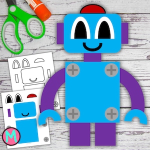 May include: A printable craft template for making a robot. The template includes a blue body, purple arms and legs, a red hat, white eyes, and gray screws. The template is printed on white paper.